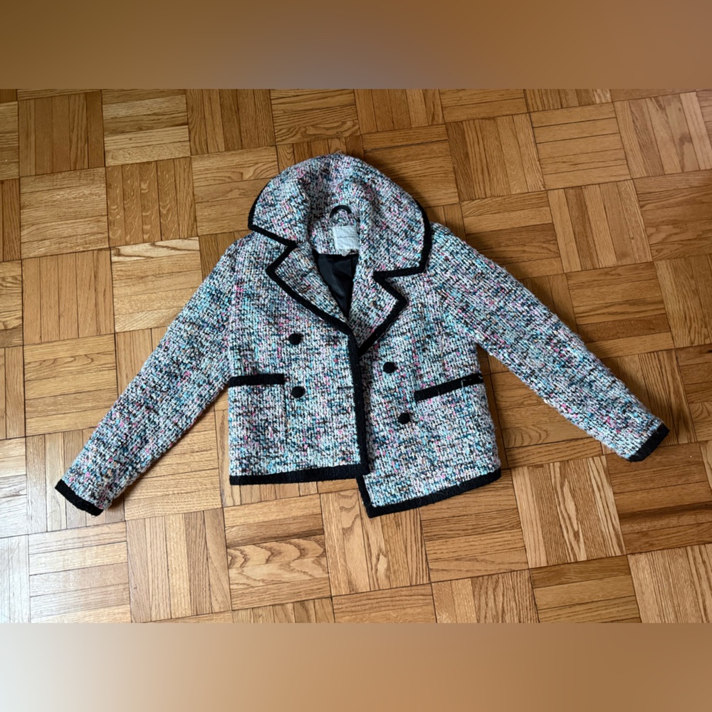 Anthropologie Tweed Hooded Coat with Black Trim